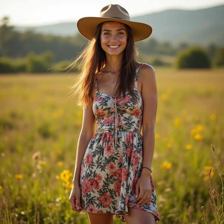Mulher com vestido floral e bota western no campo brasileiro.