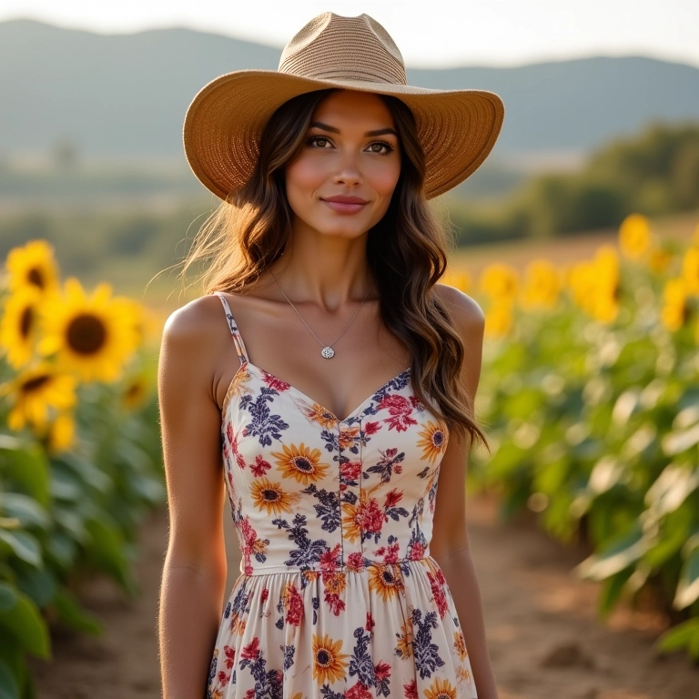 Mulher com vestido floral e chapéu coco em ambiente Farm Rio, estilo romântico moderno.