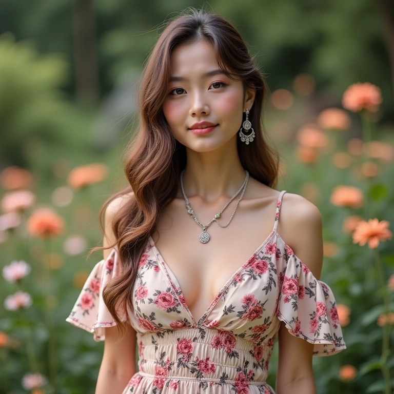 Mulher com vestido floral e joias delicadas, estilo romântico em um jardim florido.