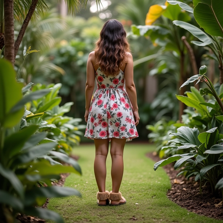 Mulher com vestido floral e mocassim em jardim brasileiro charmoso.