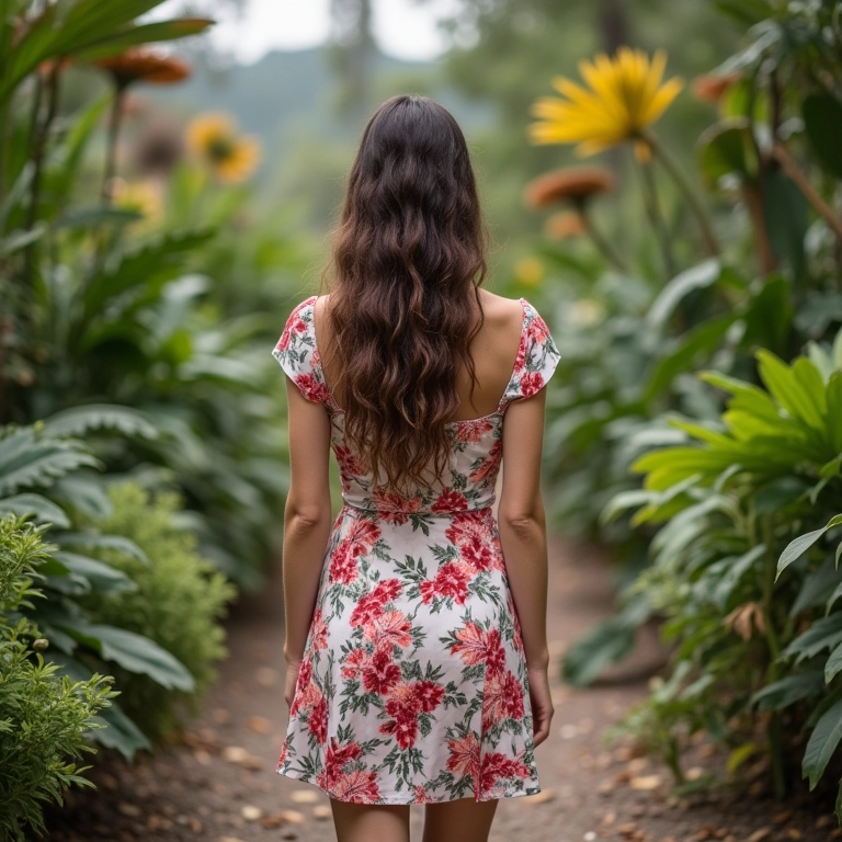 Mulher com vestido floral em jardim botânico em Curitiba.