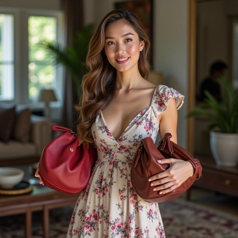 Mulher com vestido floral segurando diferentes modelos de bolsas.
