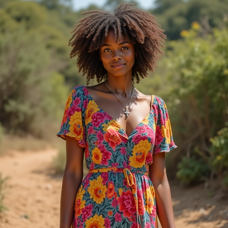Mulher com vestido floral vibrante, look colorido para festival.