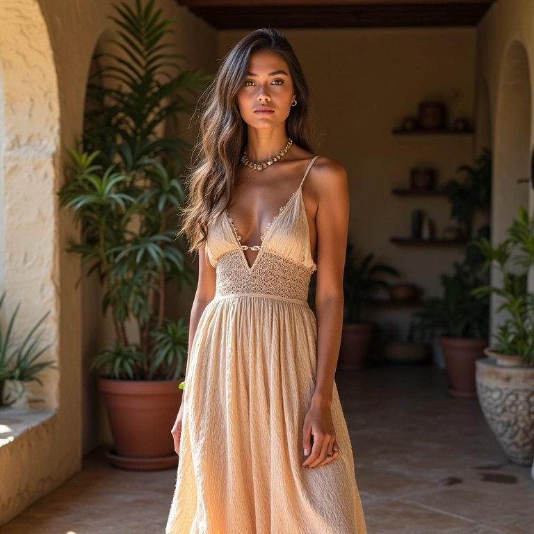 Mulher com vestido longo em estilo boho, ambiente decorado com elementos brasileiros.