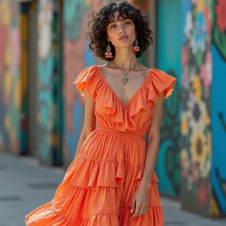 Mulher com vestido midi com babados da Renner em fundo urbano colorido.