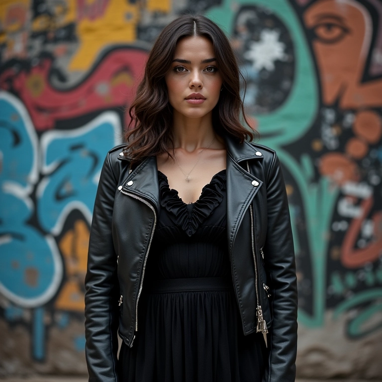 Mulher com vestido preto de babados e jaqueta de couro em frente a parede de grafite.