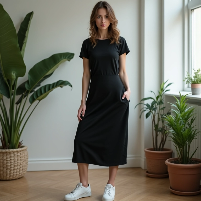 Mulher com vestido preto e tênis branco, estilo minimalista em apartamento clean.