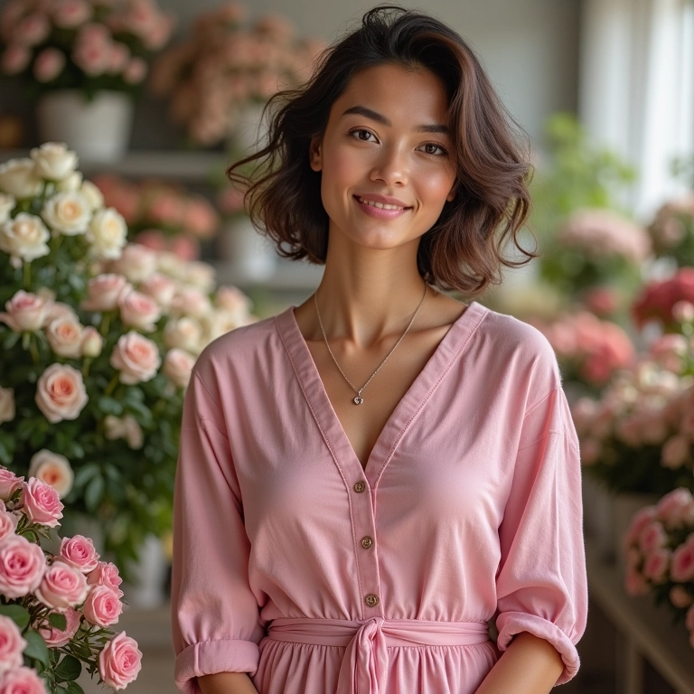 Mulher com vestido rosa de linho em floricultura cheia de rosas e hortênsias.