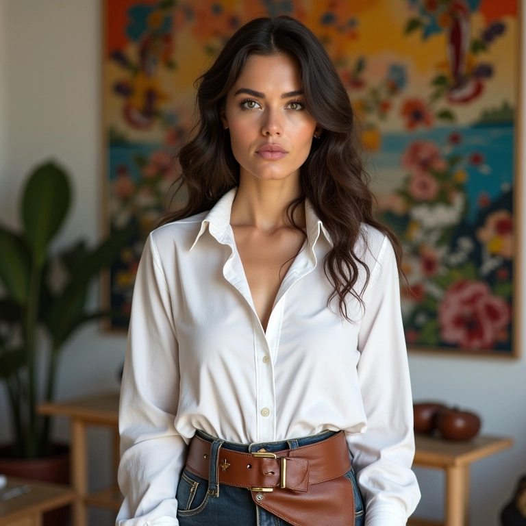 Mulher combinando camisa branca com couro e seda em ateliê de arte.
