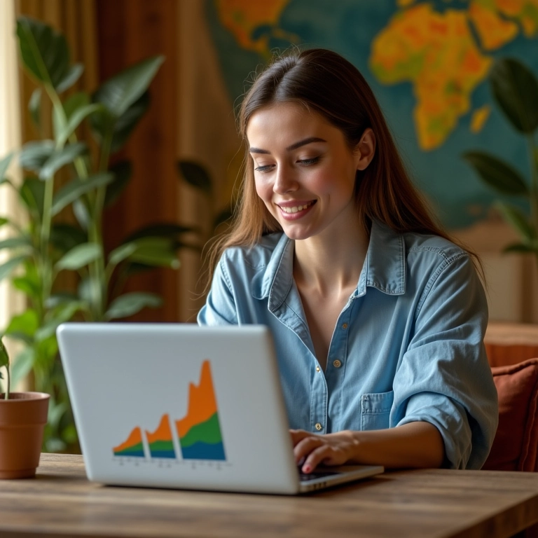 Mulher começando a investir online em um apartamento com decoração vibrante brasileira.