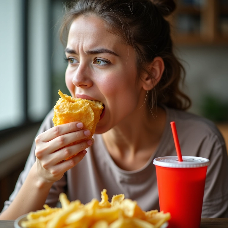 Mulher comendo fast food, representando alimentação desequilibrada.