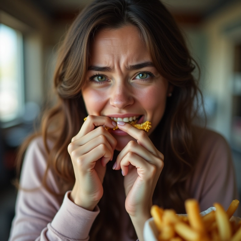 Mulher comendo fast food, unhas visivelmente fracas.