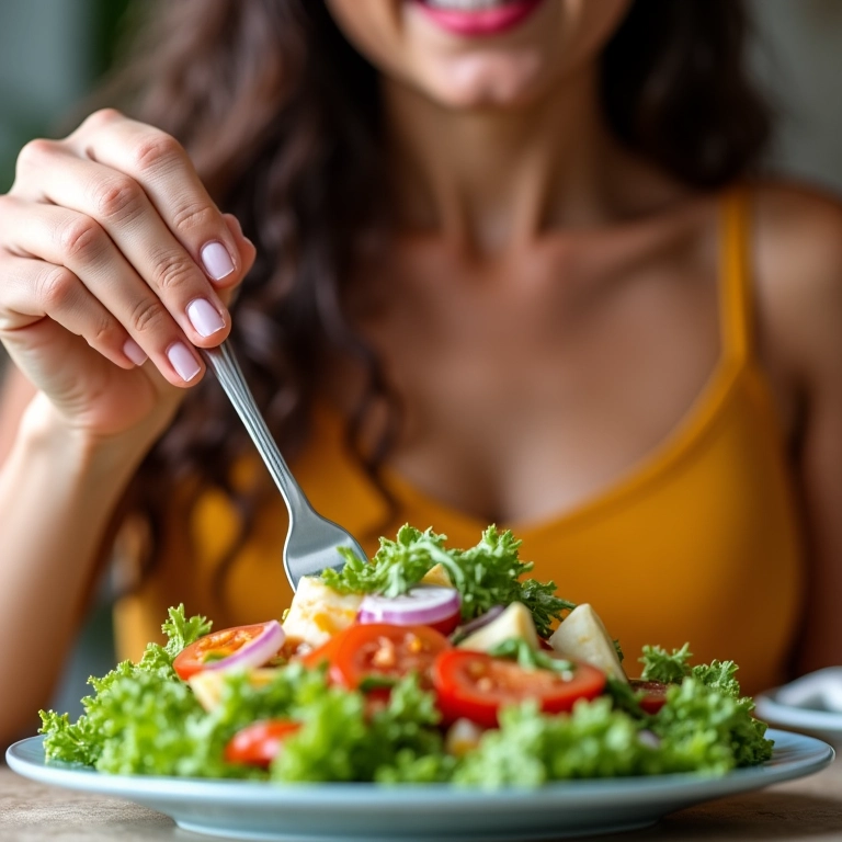 Mulher comendo salada colorida, rica em nutrientes para a saúde das unhas.