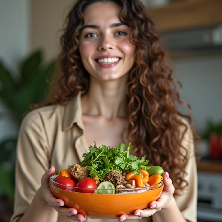 Mulher comendo salada nutritiva para fortalecer o cabelo.