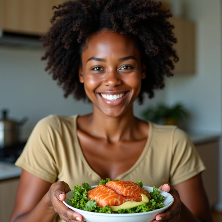 Mulher comendo salada saudável, representando a importância da alimentação na recuperação dos fios.