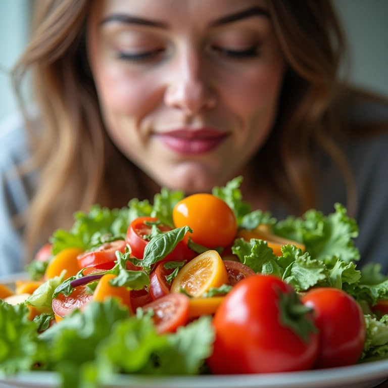 Mulher comendo uma salada colorida com frutas e vegetais da estação.