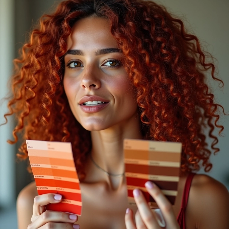 Mulher comparando a cor do cabelo com tabela de cores de tonalizante.
