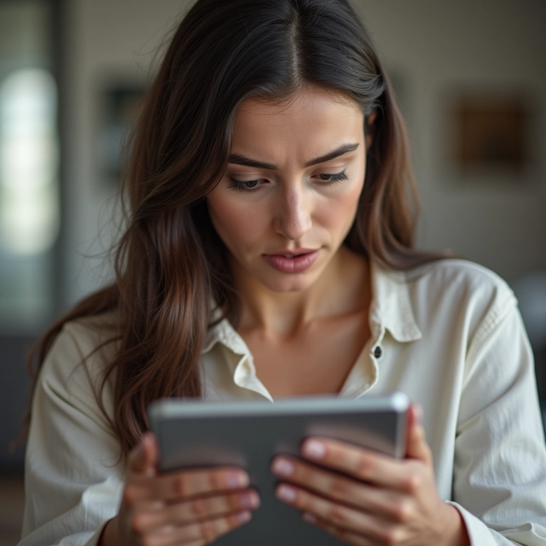 Mulher comparando preços de vestido em diferentes lojas online usando tablet.