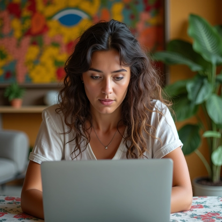 Mulher comparando preços de voos e hotéis em um laptop.