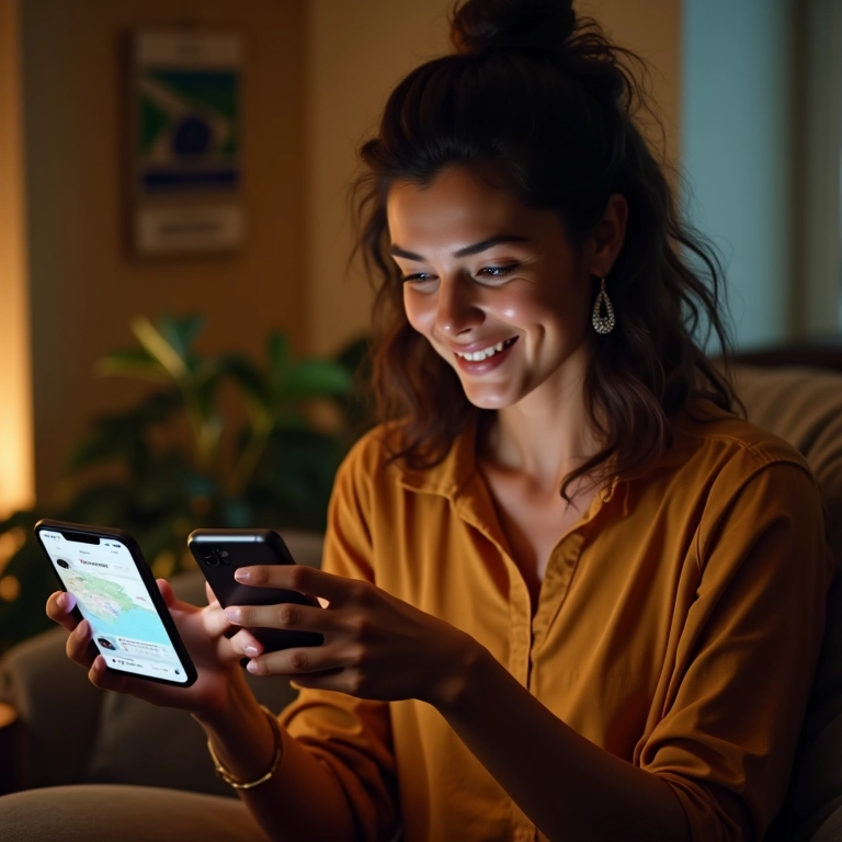 Mulher compartilhando itinerário de viagem por vídeo chamada com amiga, ambiente aconchegante.