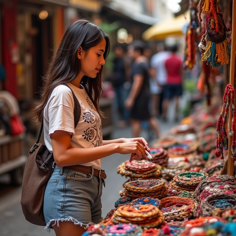Mulher comprando artesanato local no Vale dos Vinhedos.