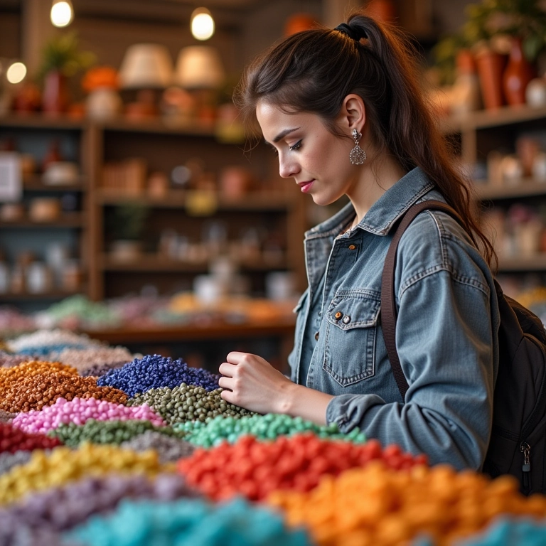 Mulher comprando miçangas em loja de artesanato.
