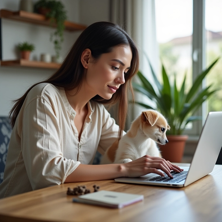 Mulher comprando produtos para animais de estimação online em um apartamento moderno.