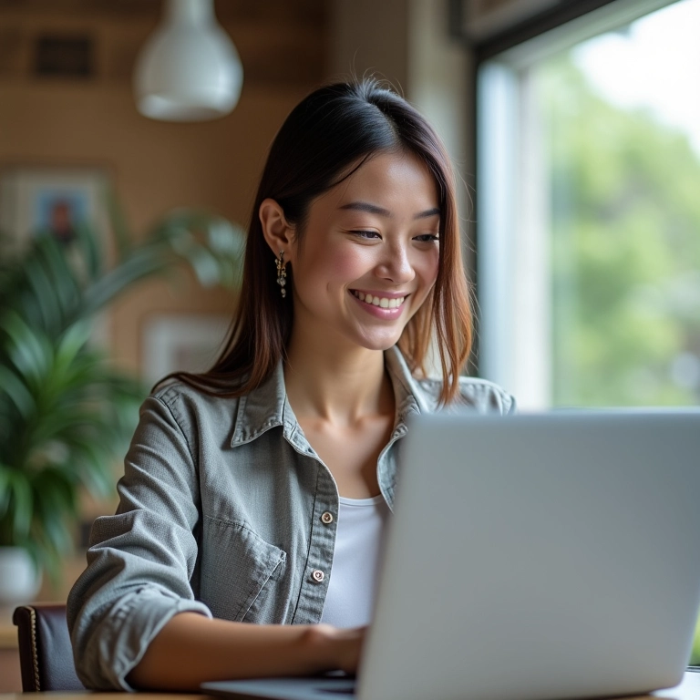 Mulher comprando seguro viagem online no laptop, sorrindo