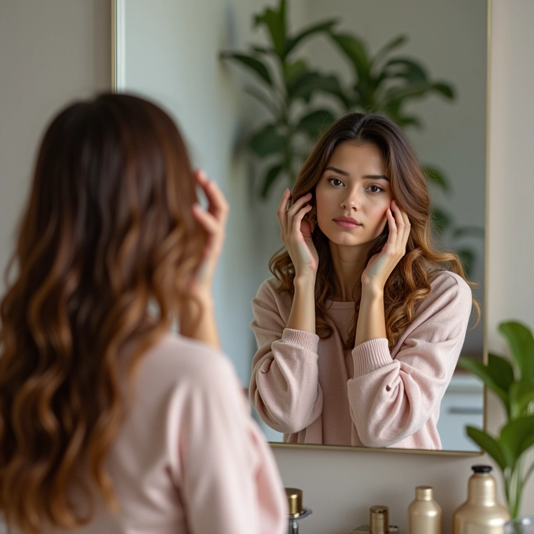 Mulher conferindo o resultado do cronograma capilar no espelho.