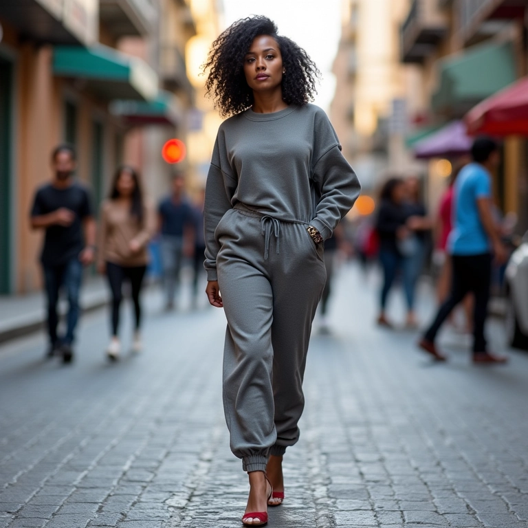 Mulher confiante caminhando em São Paulo usando conjunto de moletom com salto alto.