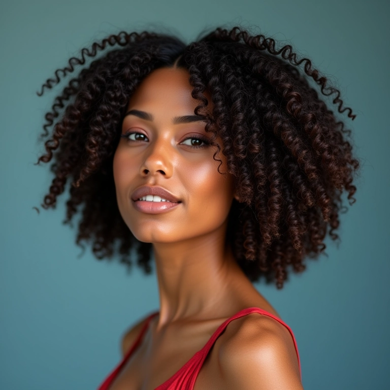 Mulher confiante com blunt bob cacheado em estúdio colorido.