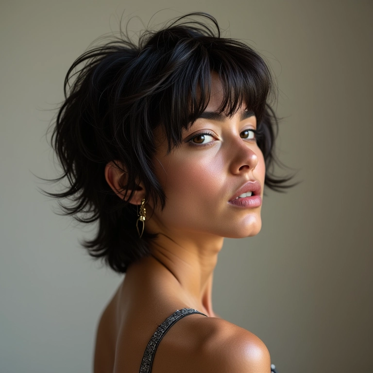 Mulher confiante com corte repicado e atitude.