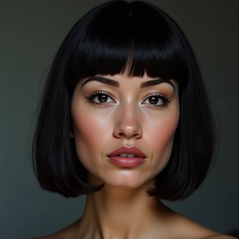 Mulher confiante com rosto quadrado e blunt cut impactante.