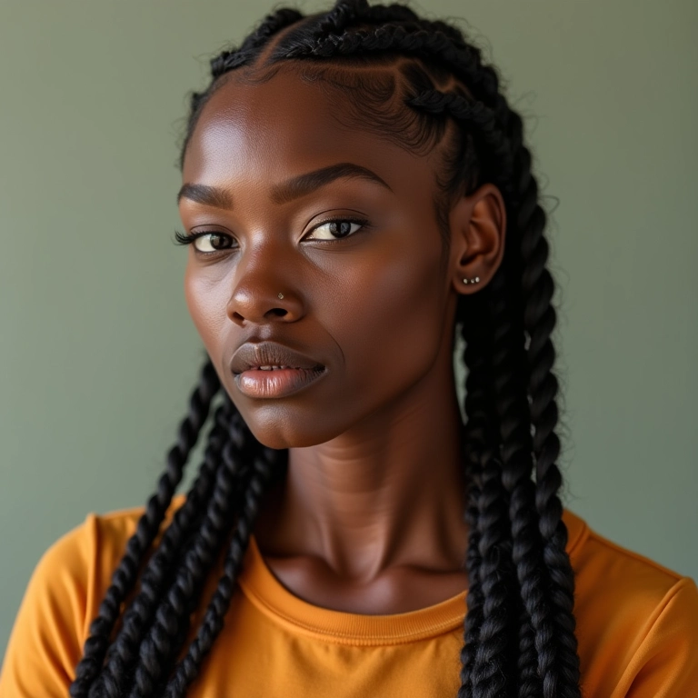 Mulher confiante com tranças Nagô box braids volumosas.