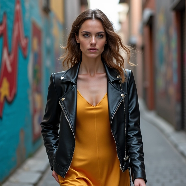 Mulher confiante em slip dress de seda e jaqueta de couro caminhando em distrito de arte de rua em São Paulo.