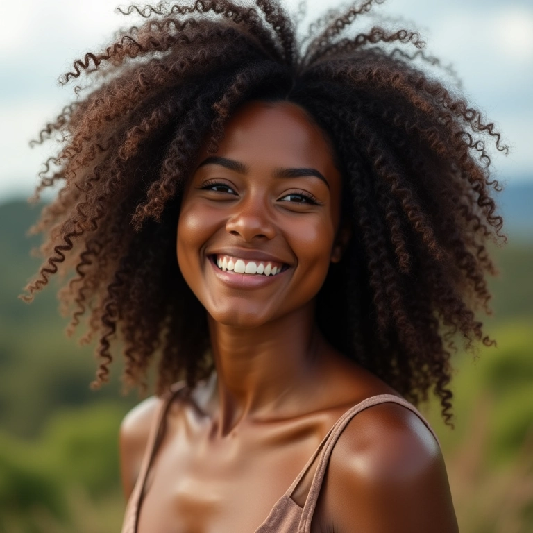 Mulher confiante sorrindo com seu cabelo volumoso.