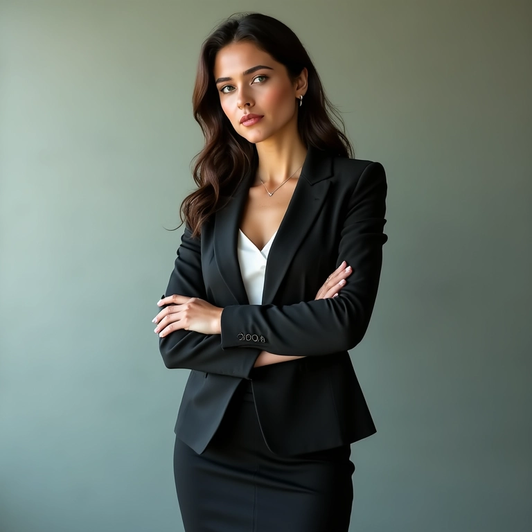 Mulher confiante vestindo blazer e saia lápis, estilo Office Siren.