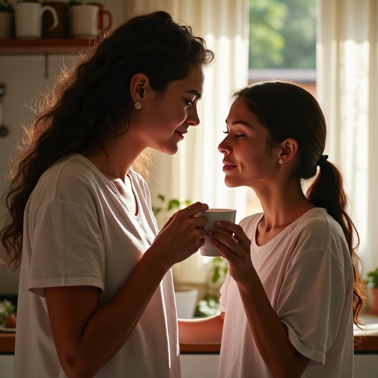 Mulher confortando uma amiga com uma xícara de chá em uma cozinha ensolarada com decoração brasileira.