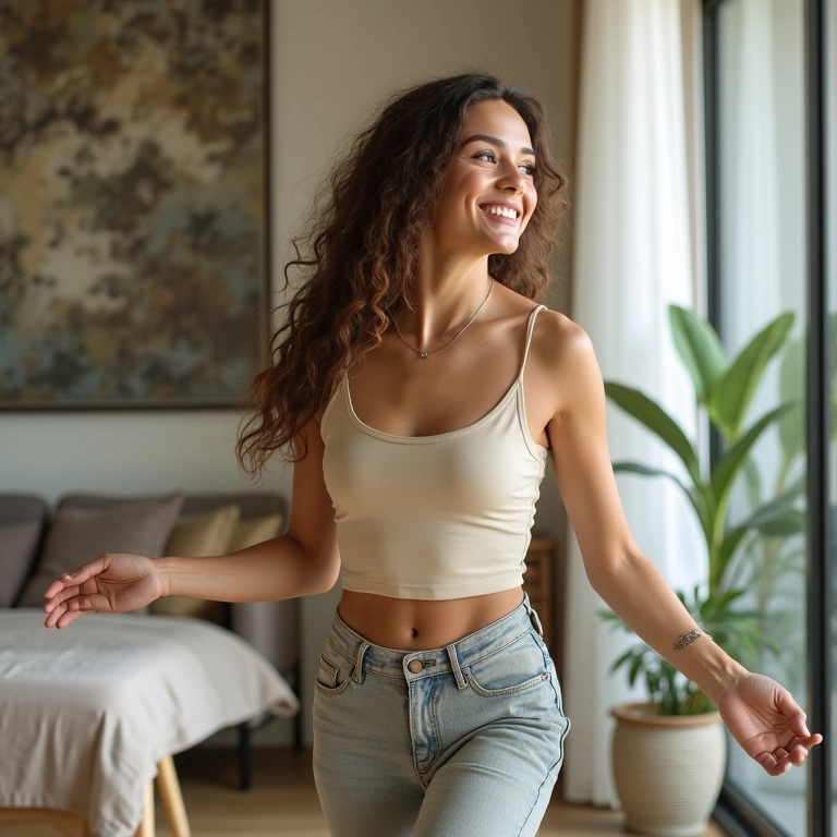 Mulher confortável e elegante em roupas leves.
