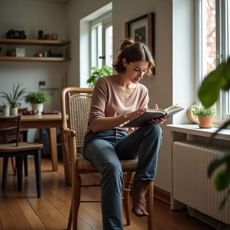 Mulher confortável e elegante trabalhando em casa com calça de alfaiataria reta.