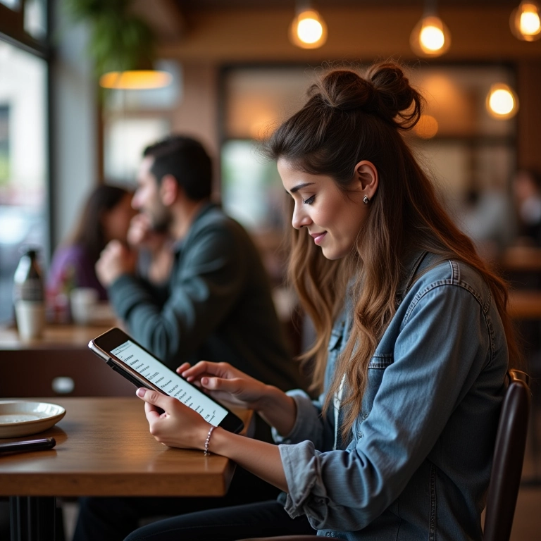 Mulher consultando dicas de viagem no TripAdvisor em um café em São Paulo.