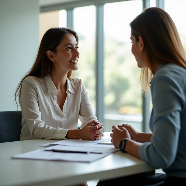 Mulher consultando um consultor financeiro em um escritório moderno com toques brasileiros.