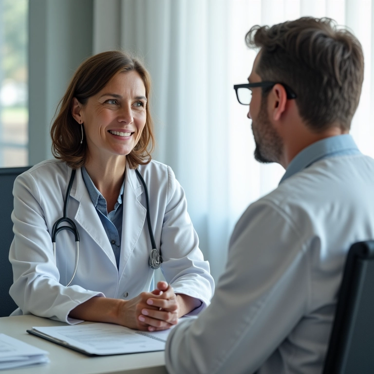 Mulher consultando um médico em um consultório moderno.