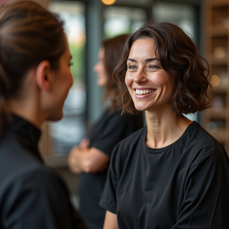 Mulher consultando um profissional sobre o Big Chop em um salão de beleza.