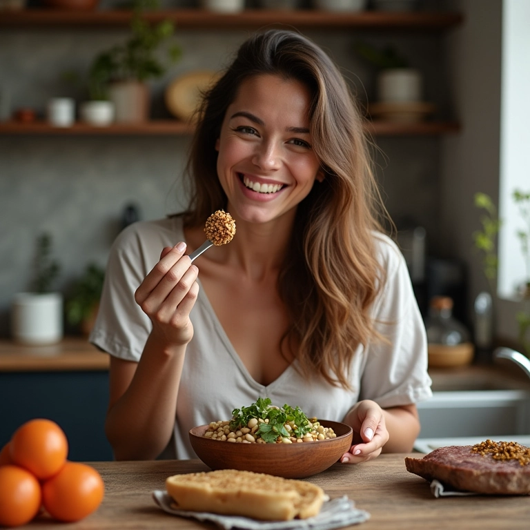 Mulher consumindo alimentos ricos em ferro para combater a queda de cabelo e fortalecer os fios.