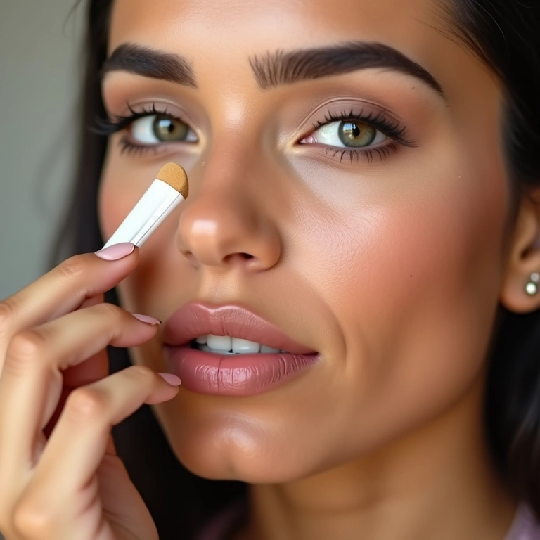 Mulher contornando o rosto com esponja chanfrada, realçando as maçãs do rosto.
