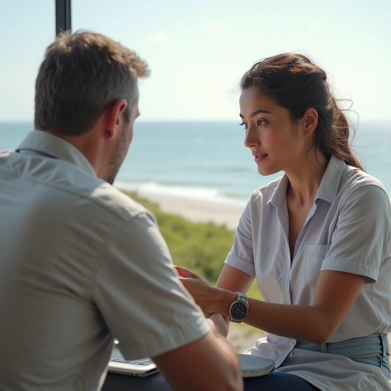 Mulher conversando com agente de seguros em laptop com praia ao fundo.