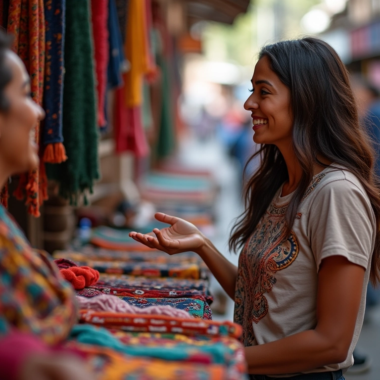 Mulher conversando com artesão local em mercado de artesanato.
