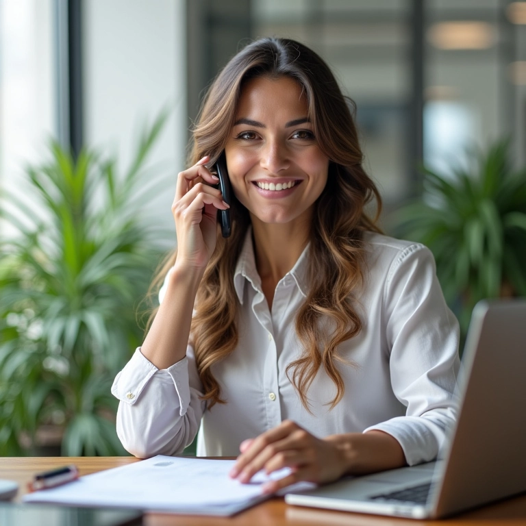 Mulher conversando com consultor de agência de intercâmbio ao telefone.