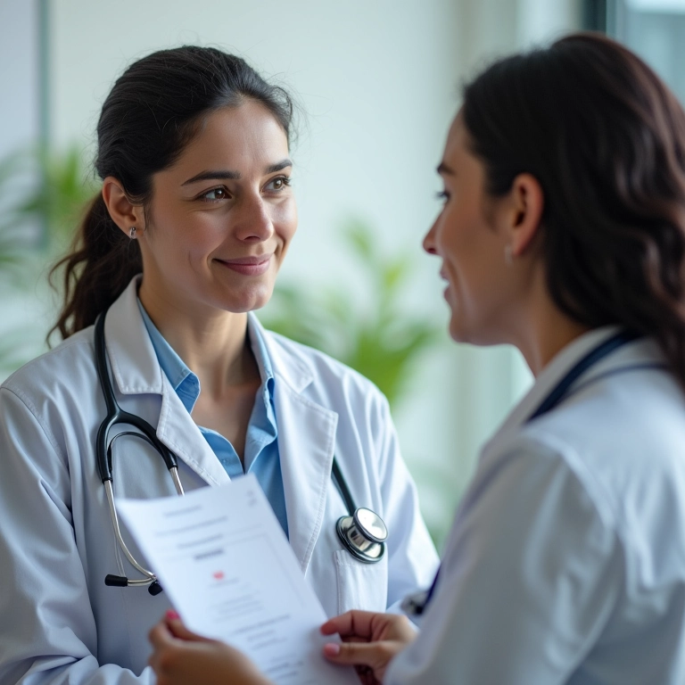 Mulher conversando com médico sobre resultado de exame de sangue para gravidez.